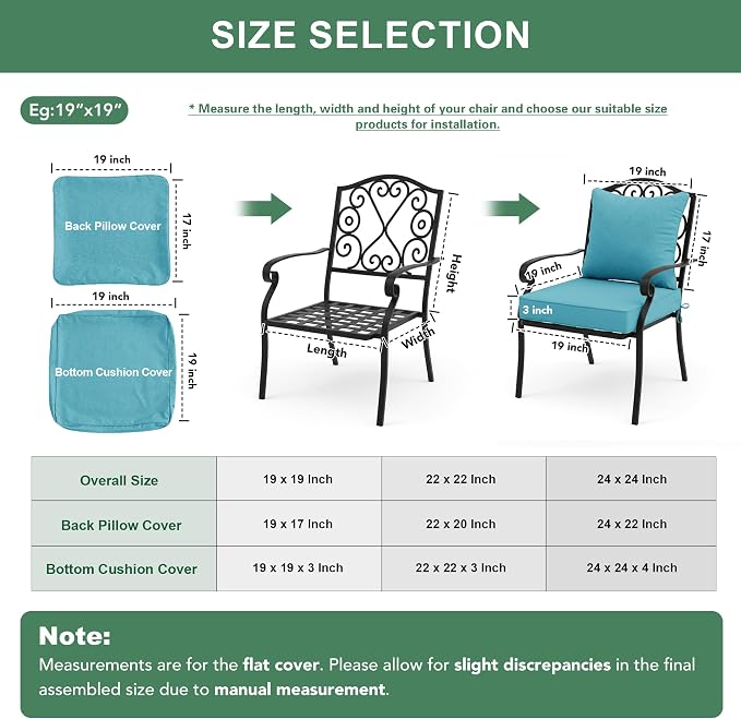 Summsun Faux Linen Outdoor Chair Cushions, Water Resistant Backrest and Deep Seat Cushion Set with Removable Cover, Straps, Non-Slip Bottom for Patio Furniture, 24 x 24 Inch, Teal, Set of 2