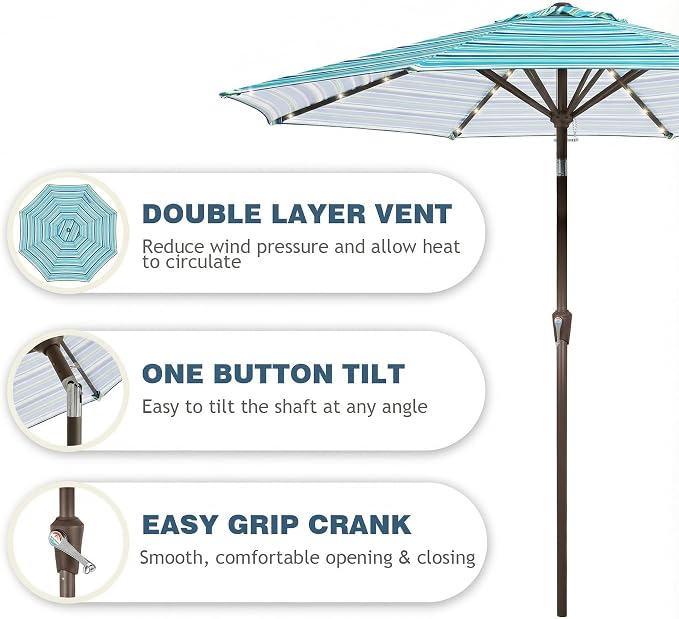 9FT Patio Umbrella with Solar Lights,Outdoor Market Umbrella with Tilt and Crank, LED Lighted Table Umbrella for Garden,Deck,Backyard,Pool,Beach (Blue Green Stripes)