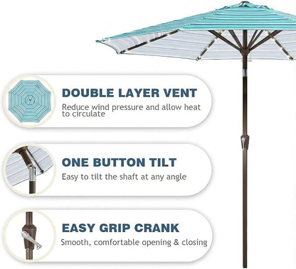 9FT Patio Umbrella with Solar Lights,Outdoor Market Umbrella with Tilt and Crank, LED Lighted Table Umbrella for Garden,Deck,Backyard,Pool,Beach (Blue Green Stripes)