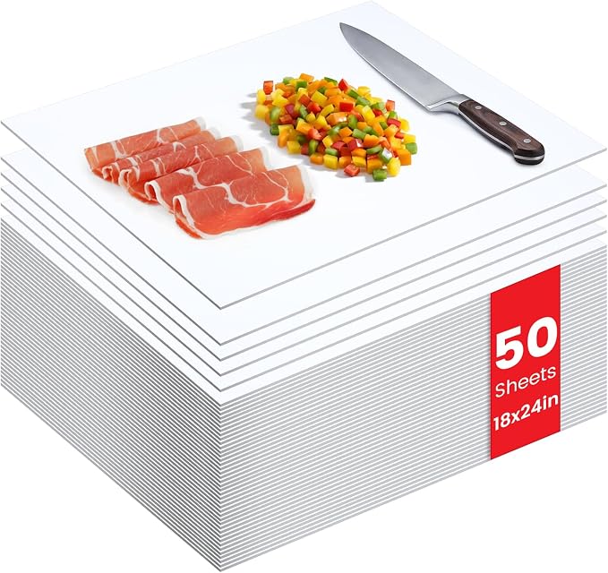 Patelai 50 Pcs Disposable Cutting Boards Sheets 24" x 18" Plastic Large Flexible Cutting Mat for Kitchen Chicken Meat Fish Vegetables Cooking Traveling Camping Crafts Art Project