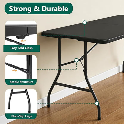 Folding Table 5FT Heavy Duty Plastic Table with Handle, Foldable&Portable, Fold-in-Half Utility Tables for Outdoor, Dining, Wedding, Events, Indoor, Picnic, Camping, Party, Coffee Black