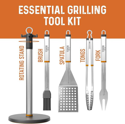 Yukon Glory BBQ Tool Set with Rotating Stand, Grill Station Organizer | 360-degree rotation, compact storage, carry handle and catch tray. Dishwasher safe.