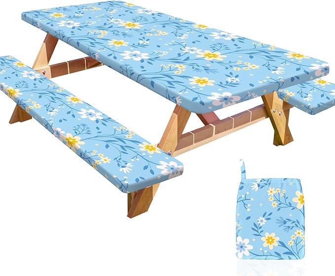 Picnic Table and Bench Cover Set, Waterproof Fitted Elastic Cloth | Portable Camping Essentials With Built-In Storage Pocket And Waterproof Fabric For Outdoor RV Or Picnic Table Use