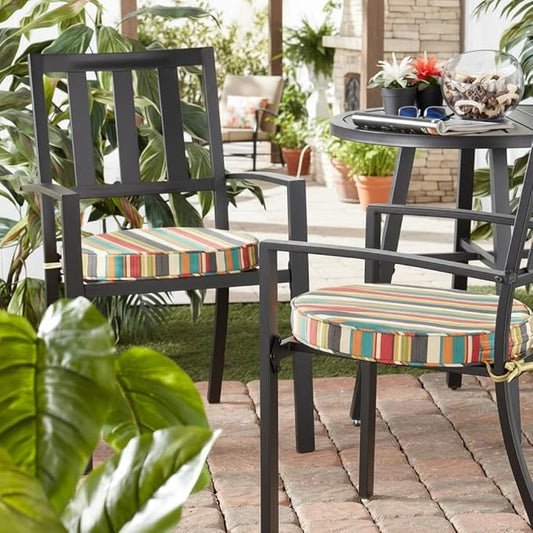 Set of 2 Outdoor 18 inch Round Patio Dining Chair Pads – Comfortable Fiber-Filled Seat Cushions with Ties, Reversible Polyester Fabric - Sunset Stripe