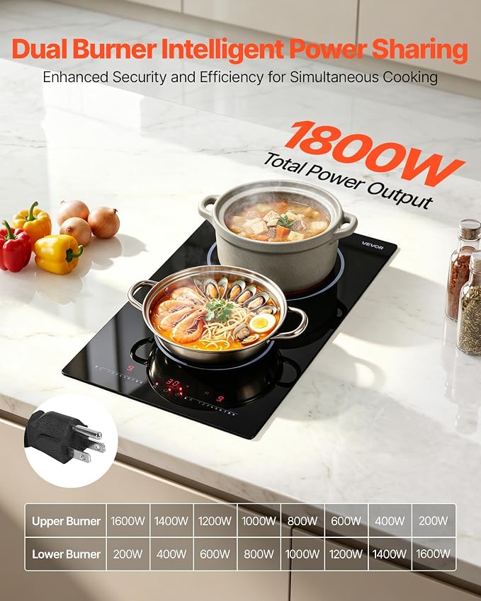 VEVOR Electric Cooktop 12inch 2 Burners Portable Stove Top 1800W 120V, Ceramic Countertop/Built-in Radiant Electric Stove, with 9 Power Levels, Timer, Child Lock, Over-Heat Guard, Touch Control