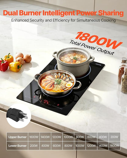 VEVOR Electric Cooktop 12inch 2 Burners Portable Stove Top 1800W 120V, Ceramic Countertop/Built-in Radiant Electric Stove, with 9 Power Levels, Timer, Child Lock, Over-Heat Guard, Touch Control