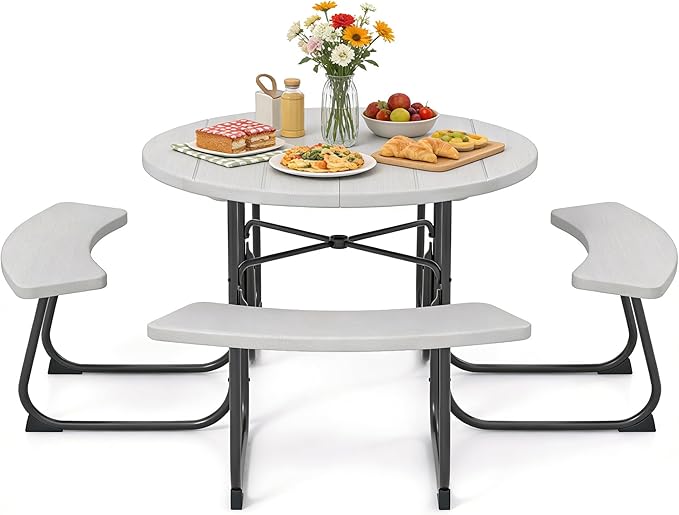 COSTWAY Round Picnic Table with Umbrella Hole, Outdoor Picnic Table with Bench Set for 4-8 People, HDPE Tabletop, Patio Dining Furniture Set for Family Gatherings, BBQ Party, Backyard (Grey)