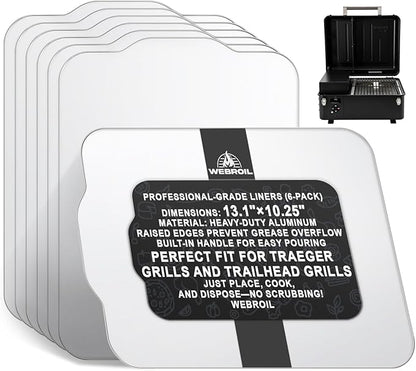 6 Packs BAC458 Drip Tray Liners for Traeger Ranger/Scout Series Grills, Heat-Resistant Foil Liners Replacement for Traeger Ranger Smoker Accessories, Aluminum Tray for Catching Grease 13.1" x 10.25"