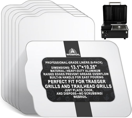 6 Packs BAC458 Drip Tray Liners for Traeger Ranger/Scout Series Grills, Heat-Resistant Foil Liners Replacement for Traeger Ranger Smoker Accessories, Aluminum Tray for Catching Grease 13.1" x 10.25"