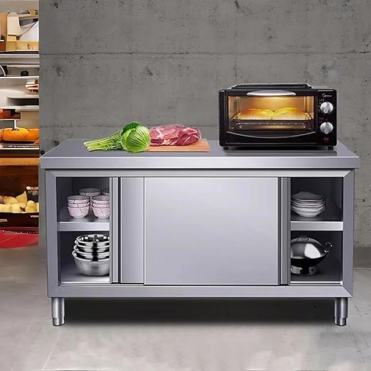 Stainless Steel Commercial Worktable w/Sliding Doors for Prep & Work 47" x 20" Commercial Kitchen Prep Table Heavy Duty Workbench w/Cabinet for Home Restaurant Hotel and Garage