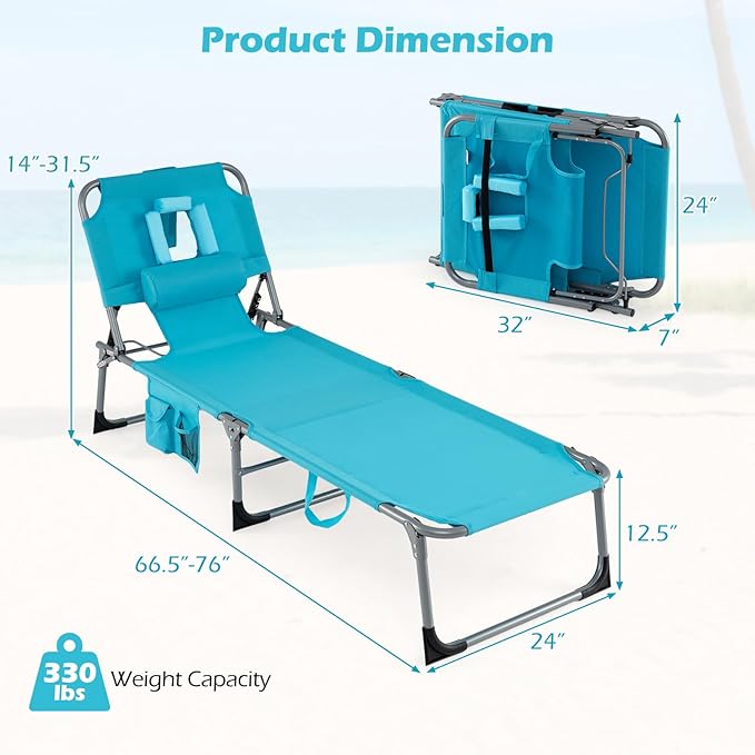 COSTWAY Tanning Chair with Face Hole, Folding Beach Lounge Chair with 4-Position Adjustable Backrest, Pillow & Side Pocket, Foldable Chaise Lounge Chair Outdoor for Sunbathing, Camping (2, Turquoise)