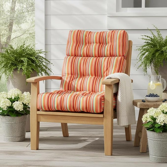 Outdoor Tufted High-Back Chair Cushions, One-Piece Hinged Seat and Back Design, Reversible with 4 Ties, Durable Polyester Fabric, Recycled Fiber Fill - Single, Watermelon Stripe