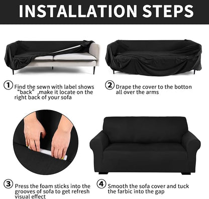 Peryiter 3 Pcs Couch and Loveseat Sofa Covers,Black,Milk Silk | Armchair Covers for Living Room, Sofa Cushion Slipcover, Furniture Protector, Polyester and Spandex, Washable
