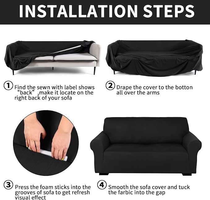 Peryiter 2 Pcs Couch and Loveseat Sofa Covers,Black,Milk Silk | Armchair Covers for Living Room, Sofa Cushion Slipcover 2/3 Seater, Furniture Protector, Polyester and Spandex, Washable