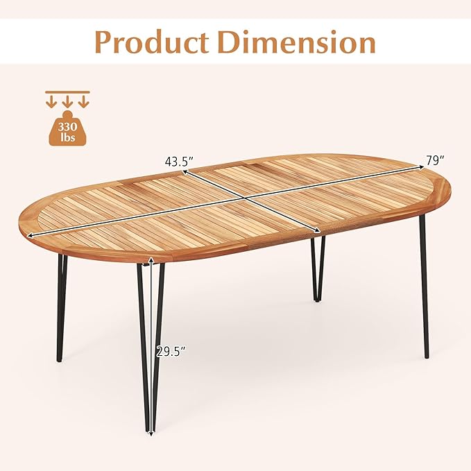 Tangkula 79" Large Patio Dining Table for 6, Acacia Wood 6-Person Dining Table with 2.5" Umbrella Hole & Metal Legs & Adjustable Foot Pads, Oval Outside Table for Garden, Poolside & Backyard