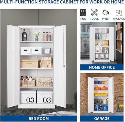 Fesbos Metal Storage Cabinet-71” Tall Steel File Cabinets with Lockable Doors and Adjustable Shelves-White Steel Storage Cabinet for Home, School, Office, Garage