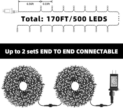 170FT 500 LED Christmas String Lights, Christmas Lights | End-to-End Plug 8 Modes - UL Certified - Outdoor Indoor Fairy Lights for Christmas Tree, Garden, Party, Wedding(Cool White)