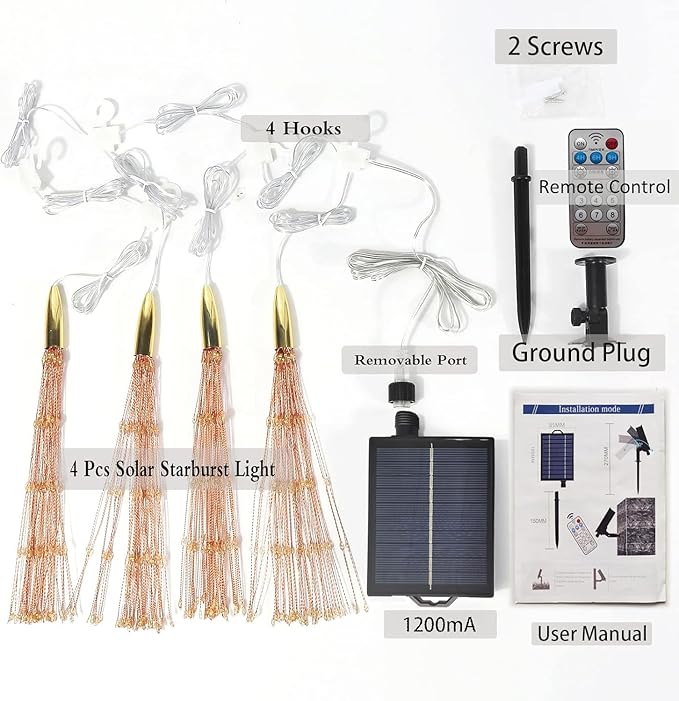 4 Pack 800 LED Solar Starburst Sphere Lights,Firework Light Remote Control Timer 8 Modes Dimmable, Waterproof Hanging Sparkly Fairy Light for Patio Party Tent Halloween Christmas Decor (Warm White)