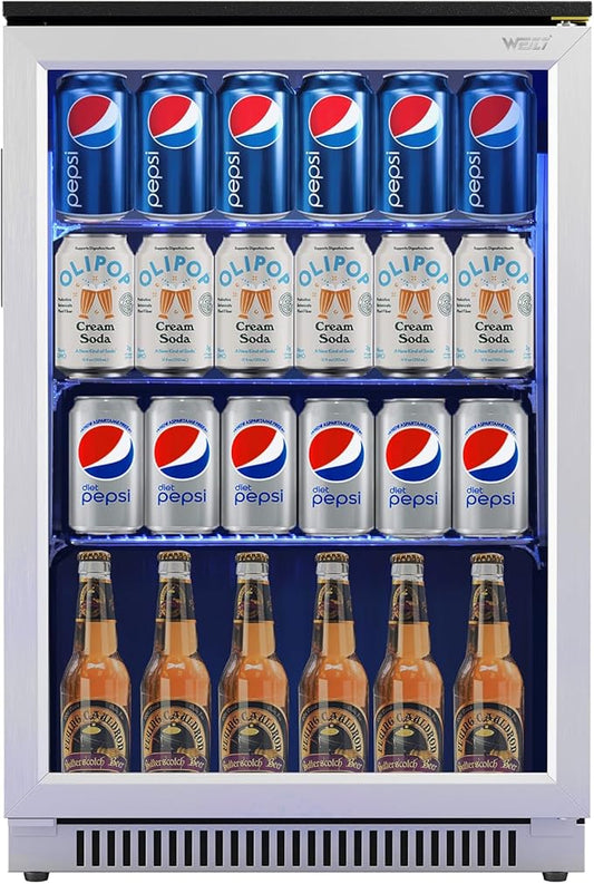 Weili 20 Inch Built in Beverage Fridge with Glass Door, 120 Can Under Counter Soda Beer Drink Refrigerator with Blue LED Light for Home Office or Bar, 36-50°F Auto Defrost