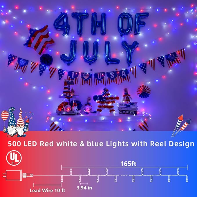 YEGUO 165ft 500 LED Red White and Blue Lights, 4th of July Decorations String Lights Plug in Indoor Outdoor, 8 Modes Clear Wire Patriotic Light for Independence Day Holiday Memorial Day Party Decor