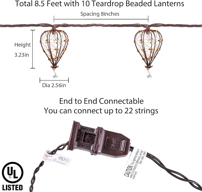 Outdoor Decorative String Lights, Beaded Copper Wire Teardrop Lantern String Lights, Incandescent Patio String Lights Plug in for Outside, Connectable Weatherproof for Home Pergola Bedroom Porch Party