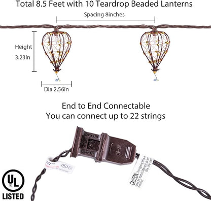Outdoor Decorative String Lights, Beaded Copper Wire Teardrop Lantern String Lights, Incandescent Patio String Lights Plug in for Outside, Connectable Weatherproof for Home Pergola Bedroom Porch Party