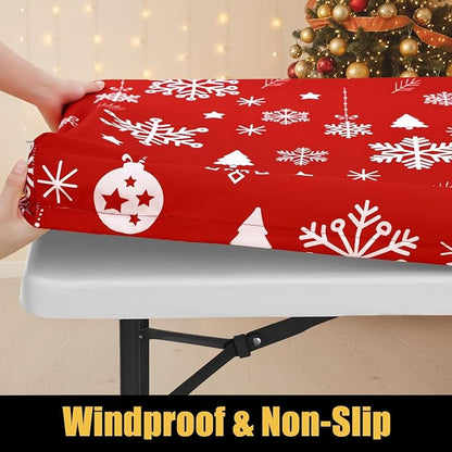 Smiry Rectangle Christmas Table Cloth, Waterproof Elastic Fitted Tablecloths for 6 Foot Tables, Washable Polyester Table Cover for Dinner (Christmas Snowflakes, 30"x72")