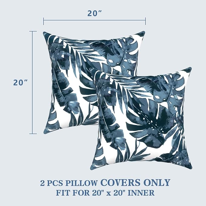 LVTXIII Outdoor Pillow Covers 20x20 Inch, 2 Pack Large Square Throw Pillow Cases, Fade-Resistant Cushion Covers for Patio Furniture Sofa, Garden Porch, Palm Blue