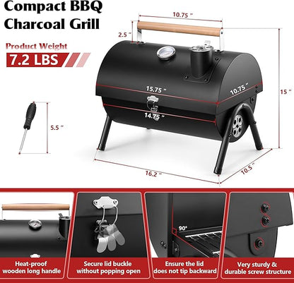 Portable Charcoal Grill with Thermometer, HaSteeL Small Tabletop Barbecue Grill Smoker for Outdoor Camping Backyard Beach BBQ, 117 Square Inches Cooking Area, Thick Steel, Screwdriver, Black