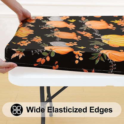Smiry Thanksgiving Fitted Table Cover, 6 FT Flannel Backed Vinyl Tablecloth | Waterproof Elastic Stretch Table Cloth, Wipeable Plastic Tablecloth for Autumn Harvest & Parties (Black & Yellow, 30" x 72")