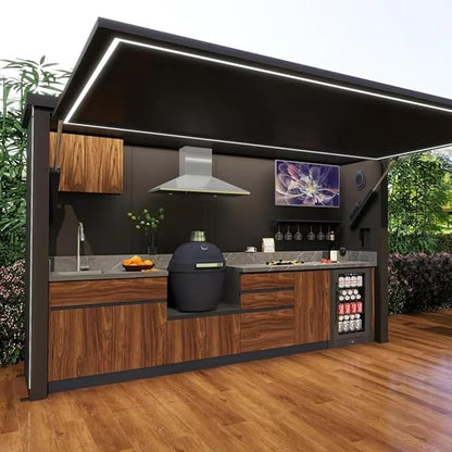 Automated Prefab Outdoor Kitchen Unit - Weatherproof Hydraulic System - Modern BBQ Island with Customizable Configurations