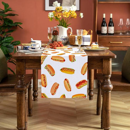 Hot Dog Table Runner Hot Dog Day Birthday Party Decoration Fast Food Sausage Dining Room Home Kitchen Table Decor (13" x 108")