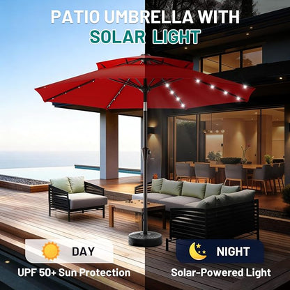 AreShark 9ft 2 Tiers Patio Umbrella with Solar Lights, Outdoor Umbrella w/ 32 LED Lights&8 Sturdy Ribs, Table Umbrella for Deck, Backyard, Pool(Red)