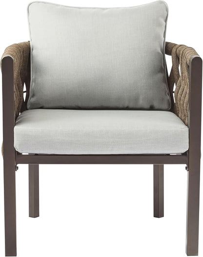 Christopher Knight Home Lena Patio Club Chairs Set of 2, Metal Accent Chairs, Rope Woven Backrest Armchair, Upholstered Cushions Seating, Tub Back Design for Backyard Garden, Brown+Light Gray