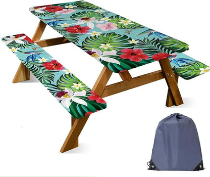 FOREVER QUEEN Picnic Table Cover with Bench Covers 72in,Waterproof Windproof Fitted Tablecloth,Tropical Floral Camping Essentials with Drawstring Bag,for RV,Patio,Park & Backyard