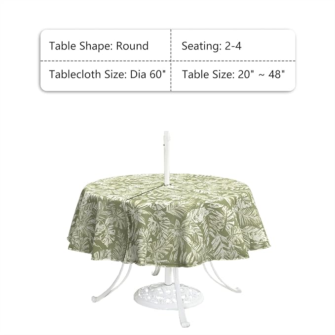 LVTXIII Round Outdoor Tablecloth with Umbrella Hole and Zipper, Water-Repellent 60 Inch Patio Table Cover for Bistro, Garden, Patio & Picnic, Tropical Leaf Green
