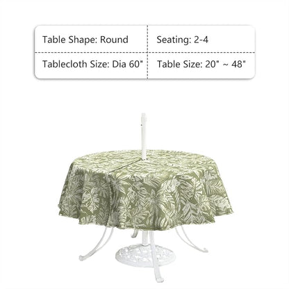 LVTXIII Round Outdoor Tablecloth with Umbrella Hole and Zipper, Water-Repellent 60 Inch Patio Table Cover for Bistro, Garden, Patio & Picnic, Tropical Leaf Green