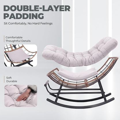 COMHOMA Outdoor Rocking Papasan Chair, Oversized Wicker Patio Rocker, Indoor Comfy Wicker Reading Lounge, Bed-Like Comfort Egg Chair for Bedroom,Balcony, Porch, Garden, Beige