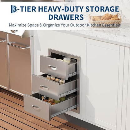 Garvee Outdoor Kitchen Drawers 15.7"WX17.7"DX21.6" H, Flush Mount Access BBQ Drawers with full Stainless Steel,Weatherproof & Rust-Resistant,for Outdoor Kitchen Island, Patio Grilling Tools & Spices | Stainless Steel - Weatherproof Rust-Resistant Drawe...