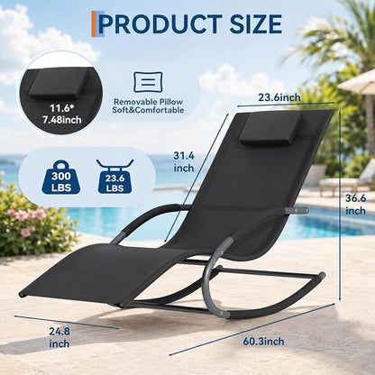 Garvee Outdoor Lounge Chair, Rocking Chair, Lounge Chair Recliner with Detachable Pillow for Patio, Lawn, Pool, Outdoor Home Furniture, Black