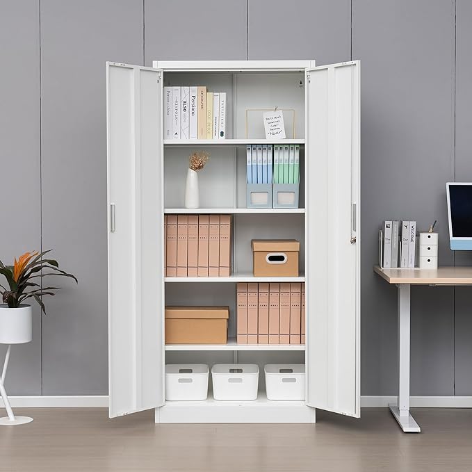 Wanfu Metal Storage Cabinet, 71”H Locking Storage Cabinet with 5 Adjustable Shelves, Steel Cabinets for Garage, Home, Office, Pantry (White)