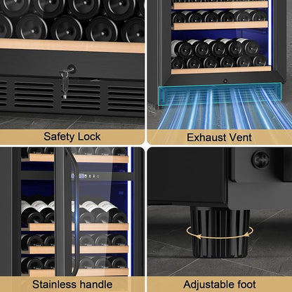 Velivi 24 Inch Dual Zone Wine Cooler Refrigerator, 179 Bottle | Built-in & Freestanding Wine Fridge, with Front Vent, Digital Touch Control, Quiet Compressor, Lock, Black