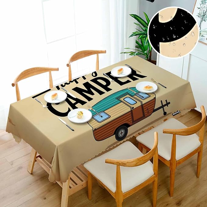 Swono 52x70 Inch Happy Camper Tablecloth Retro Car Camping Outdoor Farmhouse Dining Table Cloth Anti-Stain Talking Table Cover for Kitchen Dinning Room Coffee Store