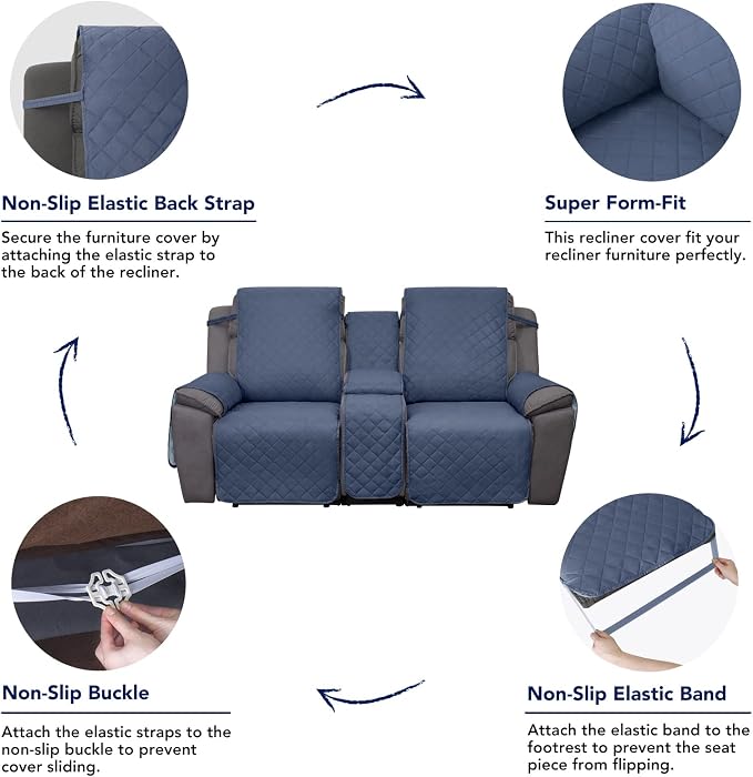 PureFit Water Resistant Reversible Loveseat Recliner Cover for Double | Double with Console, Non Slip Split Sofa Cover, Washable Reclining Cover, Dark Blue/Light Blue