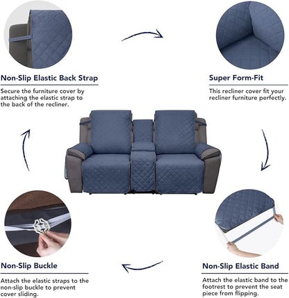 PureFit Water Resistant Reversible Loveseat Recliner Cover for Double | Double with Console, Non Slip Split Sofa Cover, Washable Reclining Cover, Dark Blue/Light Blue