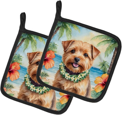 Caroline's Treasures Norfolk Terrier Luau Pair of Pot Holders Kitchen Heat Resistant Pot Holders Sets Oven Hot Pads for Cooking Baking BBQ, 7 1/2 x 7 1/2