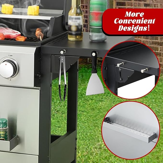 4 Burner Propane Gas Grill, 387 Sq.In Stainless Steel BBQ Grill with Foldable Side Table & Wheels, Portable Outdoor Gas Grill for Backyard Patio Camping, Easy Ignition & Thermometer