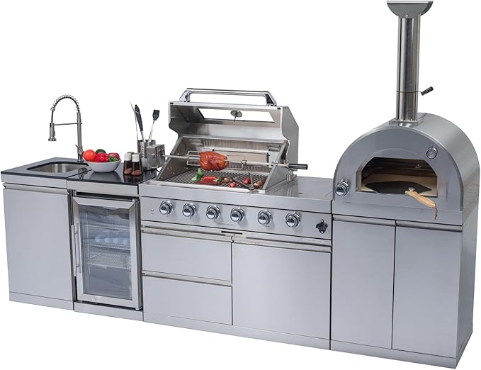 112-Inch 108000 BTU Stainless Steel Propane Gas BBQ Grill Modular Outdoor Kitchen Island,485Sq.In Cooking Area,with Standalone Side Burner Pizza Oven,Rotisserie,Refrigerator,Silver
