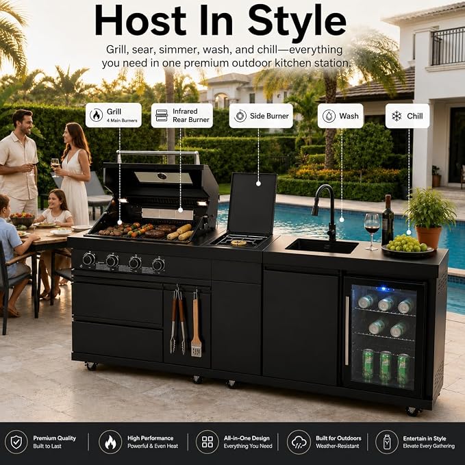 84 Inch Outdoor Kitchen Island Grill, 6 Burner 75300 BTU Propane BBQ Island with Sink, Beverage Refrigerator, Rotisserie Kit, Griddle, SS304 Stainless Steel, Granite Top, Black