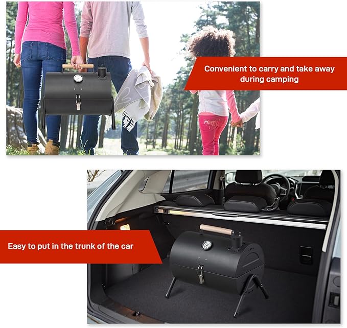 Portable Charcoal Grill, Tabletop Outdoor BBQ Smoker with Chimney, Built-in Thermometer & Wooden Handle, Foldable Camping Grill for Outdoor Cooking Camping,Picnics,Backyard, Black (42 * 30 * 36cm)